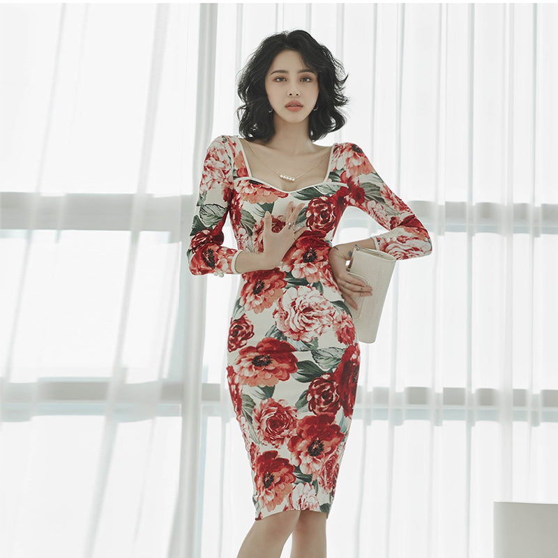 CM-DY071488 Women Elegant Seoul Style Floral Print Square Collar 3/4 Sleeve High Waist Pencil Dress