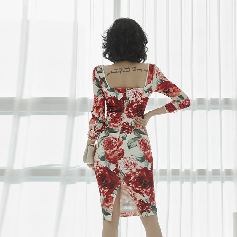 CM-DY071488 Women Elegant Seoul Style Floral Print Square Collar 3/4 Sleeve High Waist Pencil Dress