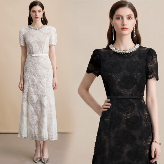 CM-DY071548 Women European Style Diamond Collar Round Neck Short Sleeve Belted Mid-Length Dress (Available in 2 colors)