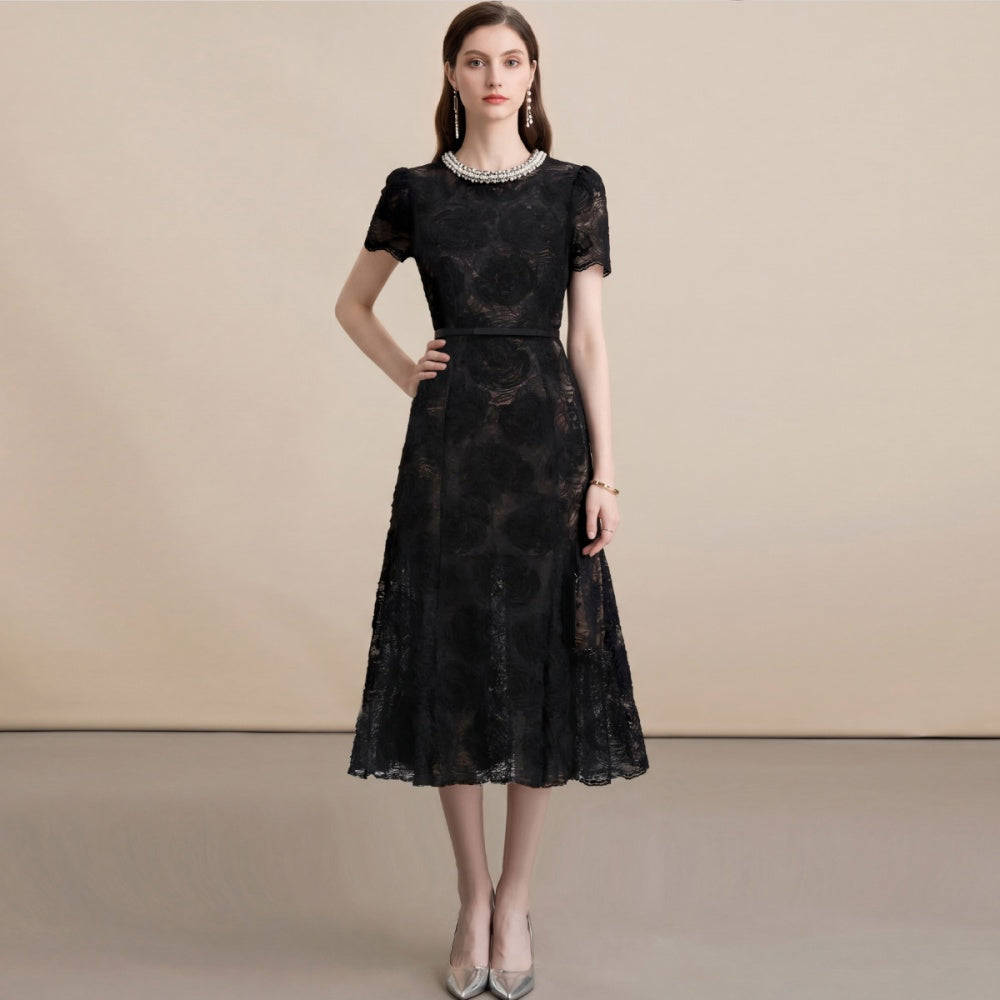 CM-DY071548 Women European Style Diamond Collar Round Neck Short Sleeve Belted Mid-Length Dress (Available in 2 colors)