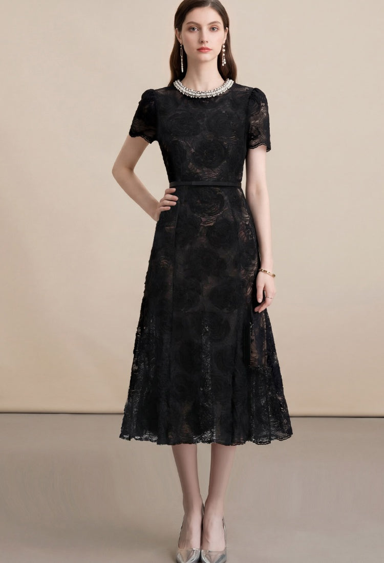 CM-DY071548 Women European Style Diamond Collar Round Neck Short Sleeve Belted Mid-Length Dress (Available in 2 colors)