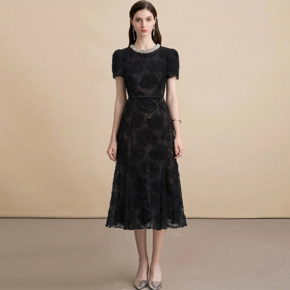 CM-DY071548 Women European Style Diamond Collar Round Neck Short Sleeve Belted Mid-Length Dress (Available in 2 colors)