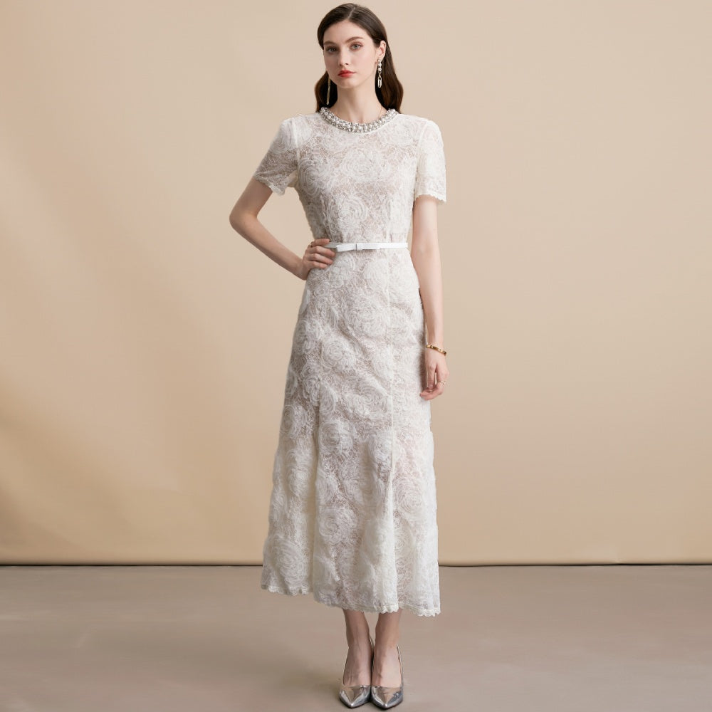 CM-DY071548 Women European Style Diamond Collar Round Neck Short Sleeve Belted Mid-Length Dress (Available in 2 colors)