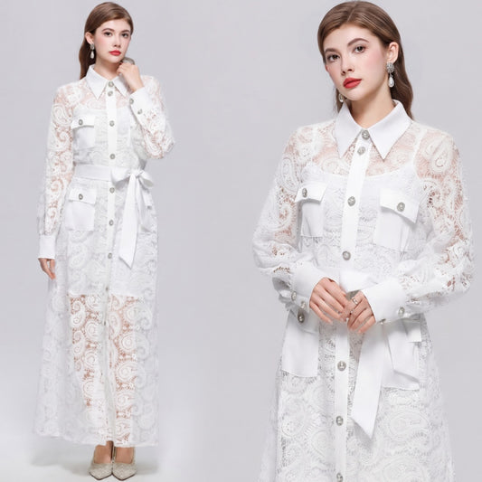 CM-DY071551 Women Elegant European Style Hollow Out Lace Lapel Neckline Long Sleeve Maxi Dress - White