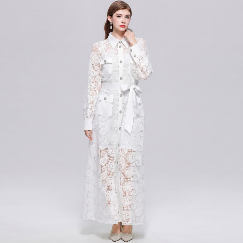 CM-DY071551 Women Elegant European Style Hollow Out Lace Lapel Neckline Long Sleeve Maxi Dress - White