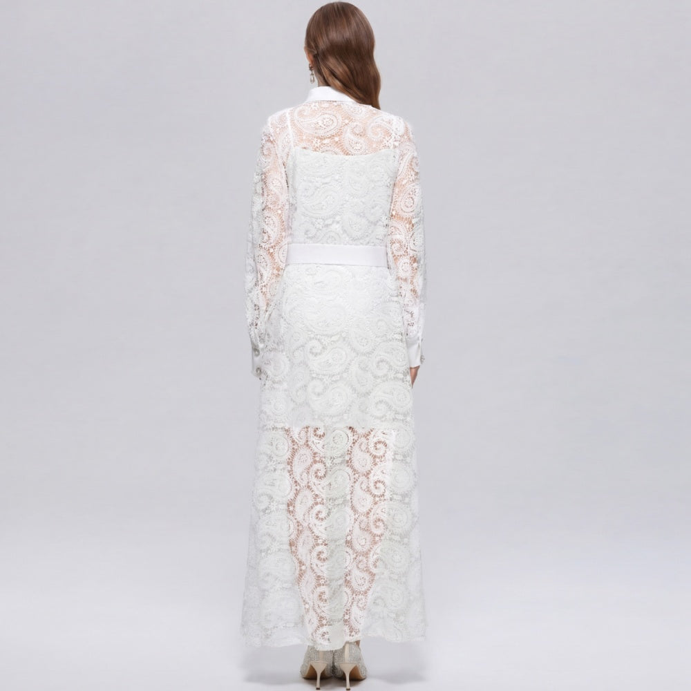 CM-DY071551 Women Elegant European Style Hollow Out Lace Lapel Neckline Long Sleeve Maxi Dress - White