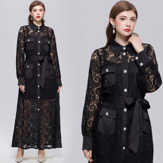 CM-DY071552 Women Elegant European Style Hollow Out Lace Lapel Neckline Long Sleeve Maxi Dress - Black