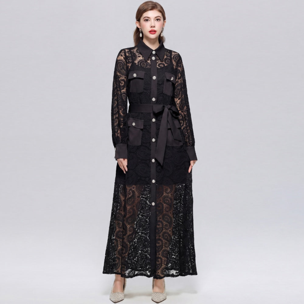 CM-DY071552 Women Elegant European Style Hollow Out Lace Lapel Neckline Long Sleeve Maxi Dress - Black