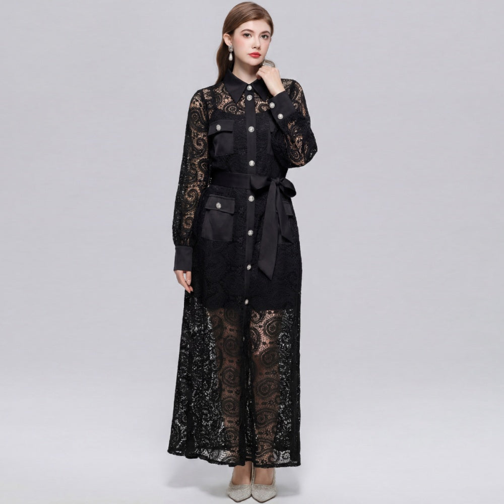 CM-DY071552 Women Elegant European Style Hollow Out Lace Lapel Neckline Long Sleeve Maxi Dress - Black