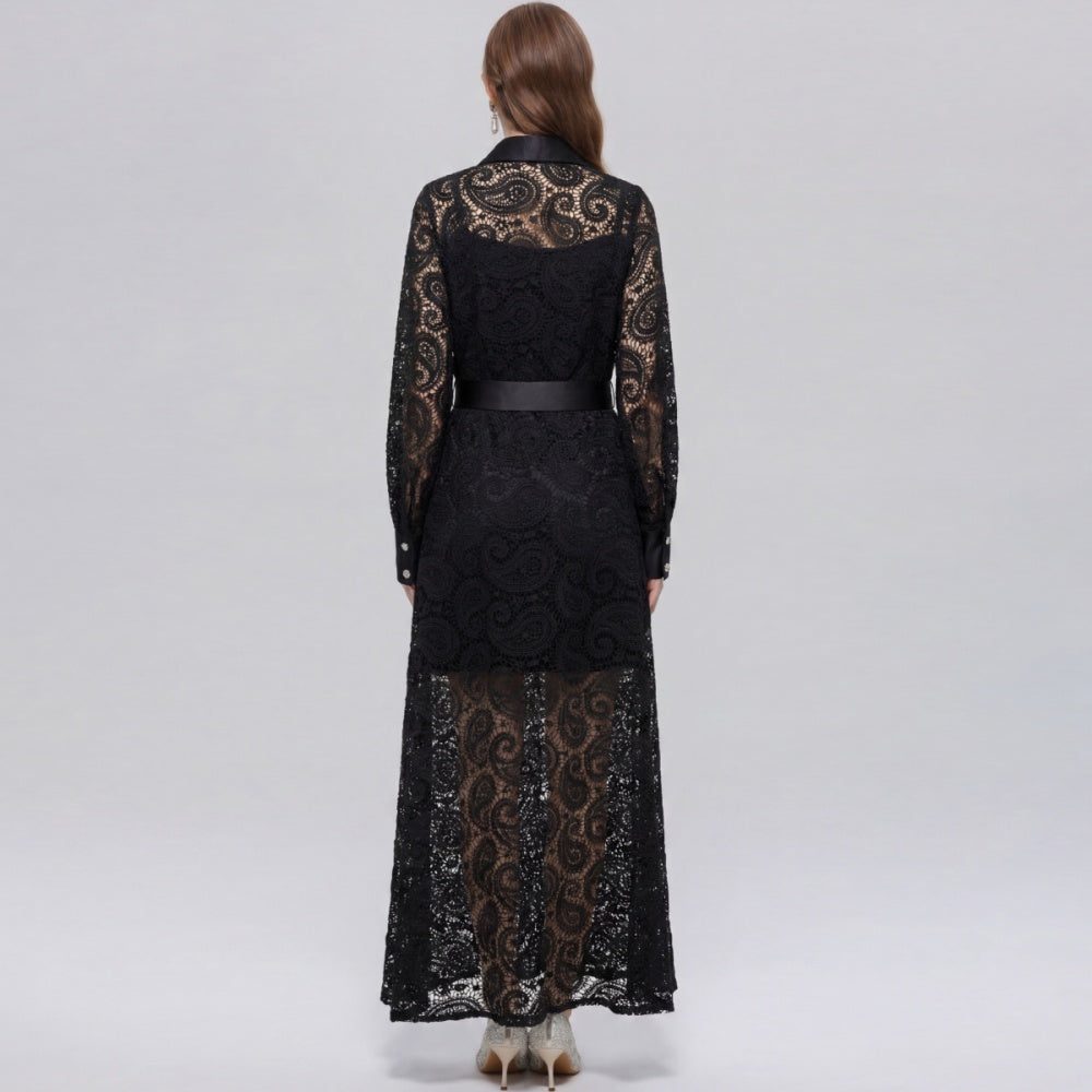 CM-DY071552 Women Elegant European Style Hollow Out Lace Lapel Neckline Long Sleeve Maxi Dress - Black