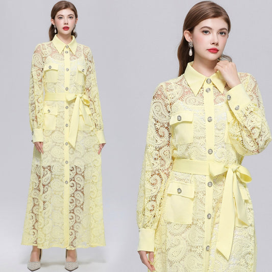 CM-DY071553 Women Elegant European Style Hollow Out Lace Lapel Neckline Long Sleeve Maxi Dress - Yellow