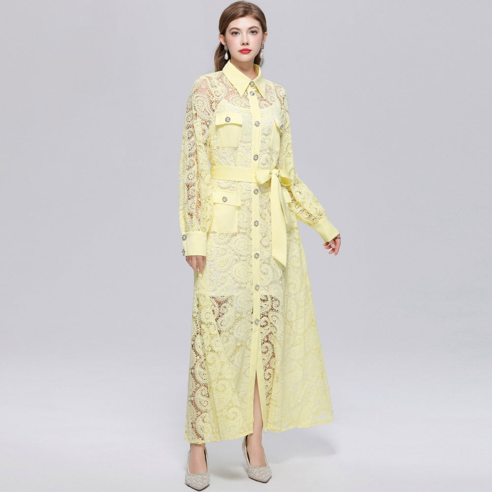 CM-DY071553 Women Elegant European Style Hollow Out Lace Lapel Neckline Long Sleeve Maxi Dress - Yellow