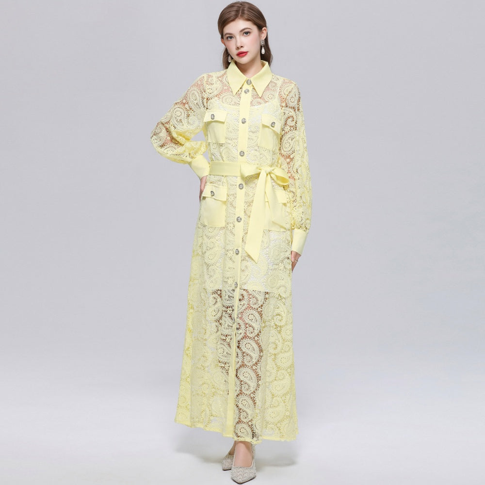CM-DY071553 Women Elegant European Style Hollow Out Lace Lapel Neckline Long Sleeve Maxi Dress - Yellow