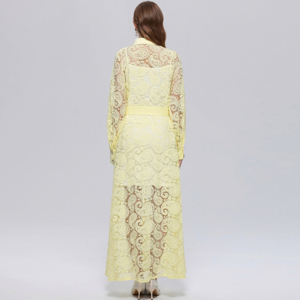 CM-DY071553 Women Elegant European Style Hollow Out Lace Lapel Neckline Long Sleeve Maxi Dress - Yellow