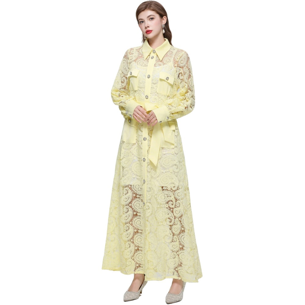 CM-DY071553 Women Elegant European Style Hollow Out Lace Lapel Neckline Long Sleeve Maxi Dress - Yellow