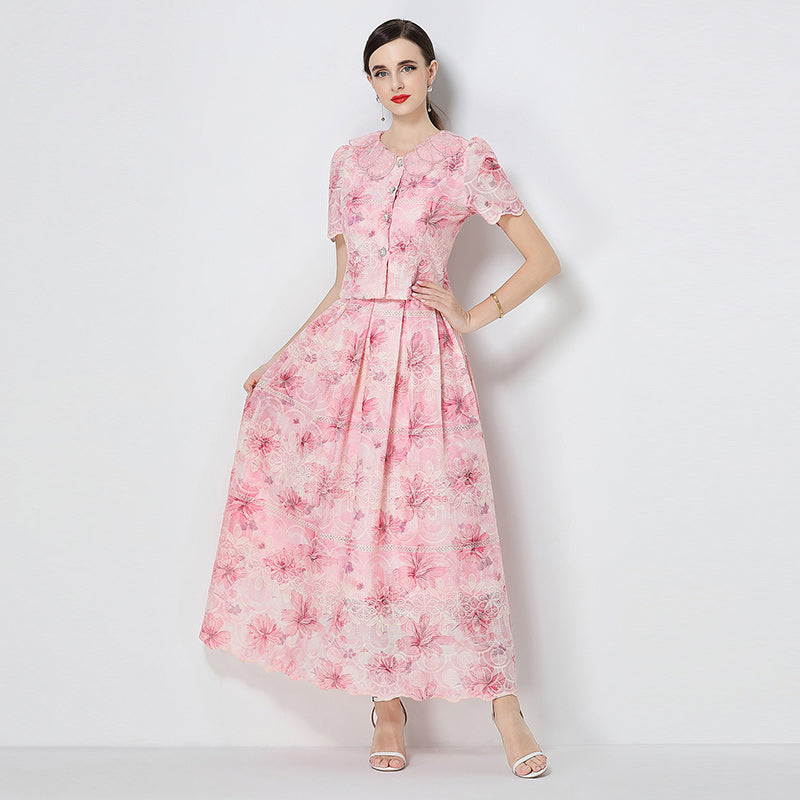 CM-SY071584 Women Elegant European Style Petal Collar Short Sleeve Embroidery Blouse With Skirt - Set