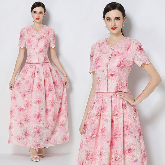 CM-SY071584 Women Elegant European Style Petal Collar Short Sleeve Embroidery Blouse With Skirt - Set