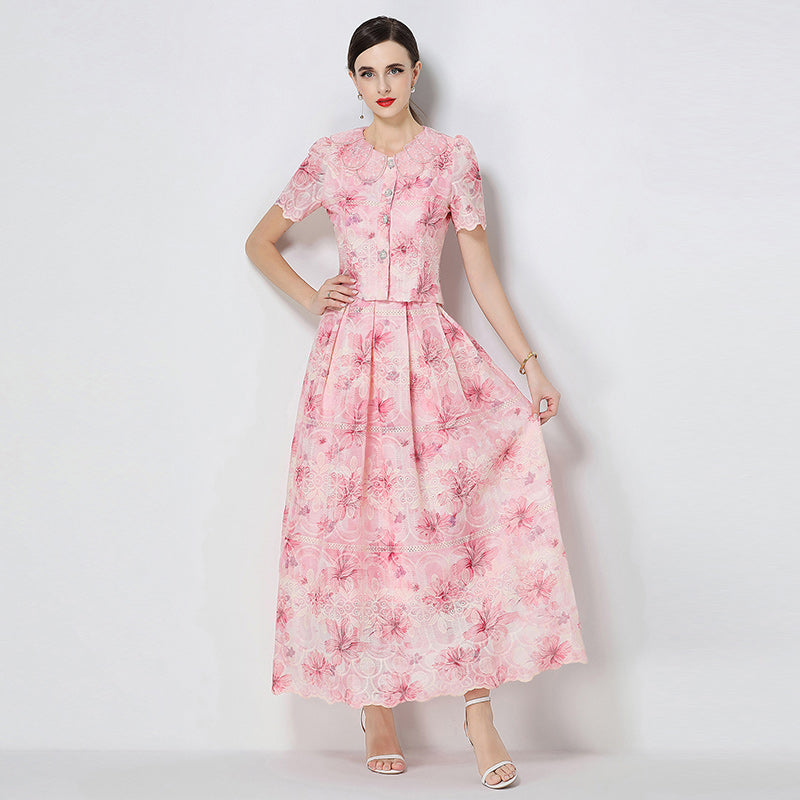 CM-SY071584 Women Elegant European Style Petal Collar Short Sleeve Embroidery Blouse With Skirt - Set