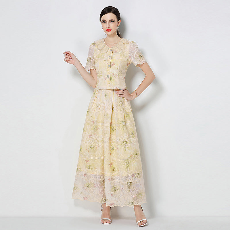 CM-SY071585 Women Elegant European Style Petal Collar Short Sleeve Embroidery Blouse With Skirt - Set