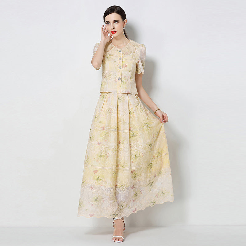 CM-SY071585 Women Elegant European Style Petal Collar Short Sleeve Embroidery Blouse With Skirt - Set