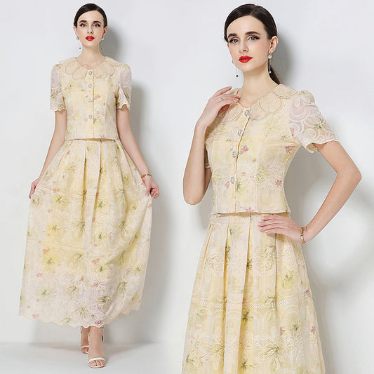CM-SY071585 Women Elegant European Style Petal Collar Short Sleeve Embroidery Blouse With Skirt - Set