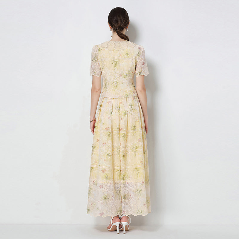 CM-SY071585 Women Elegant European Style Petal Collar Short Sleeve Embroidery Blouse With Skirt - Set