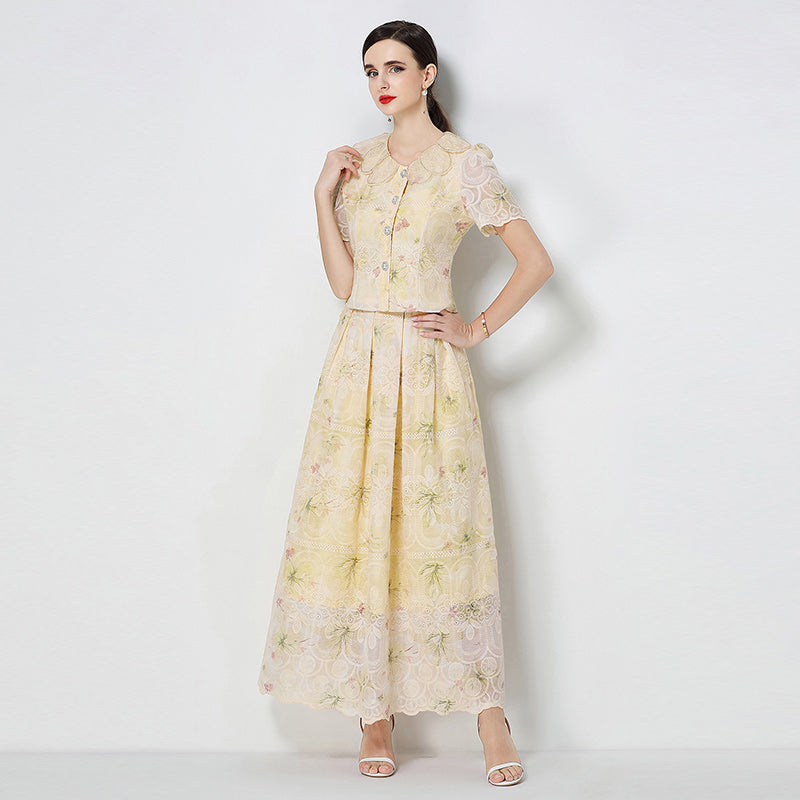 CM-SY071585 Women Elegant European Style Petal Collar Short Sleeve Embroidery Blouse With Skirt - Set