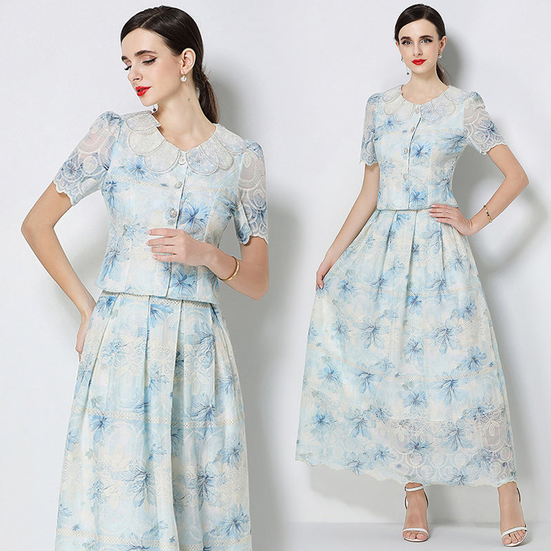 CM-SY071586 Women Elegant European Style Petal Collar Short Sleeve Embroidery Blouse With Skirt - Set