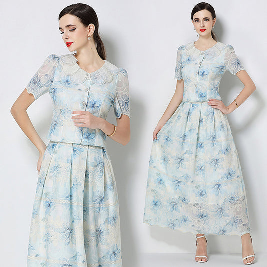 CM-SY071586 Women Elegant European Style Petal Collar Short Sleeve Embroidery Blouse With Skirt - Set
