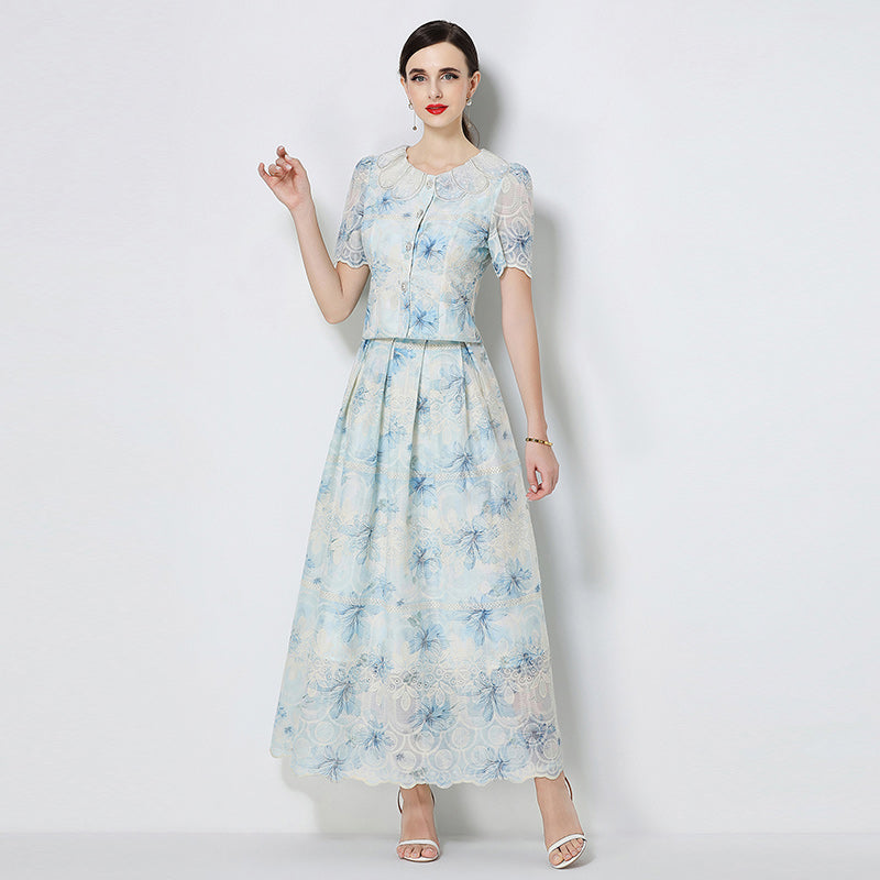 CM-SY071586 Women Elegant European Style Petal Collar Short Sleeve Embroidery Blouse With Skirt - Set