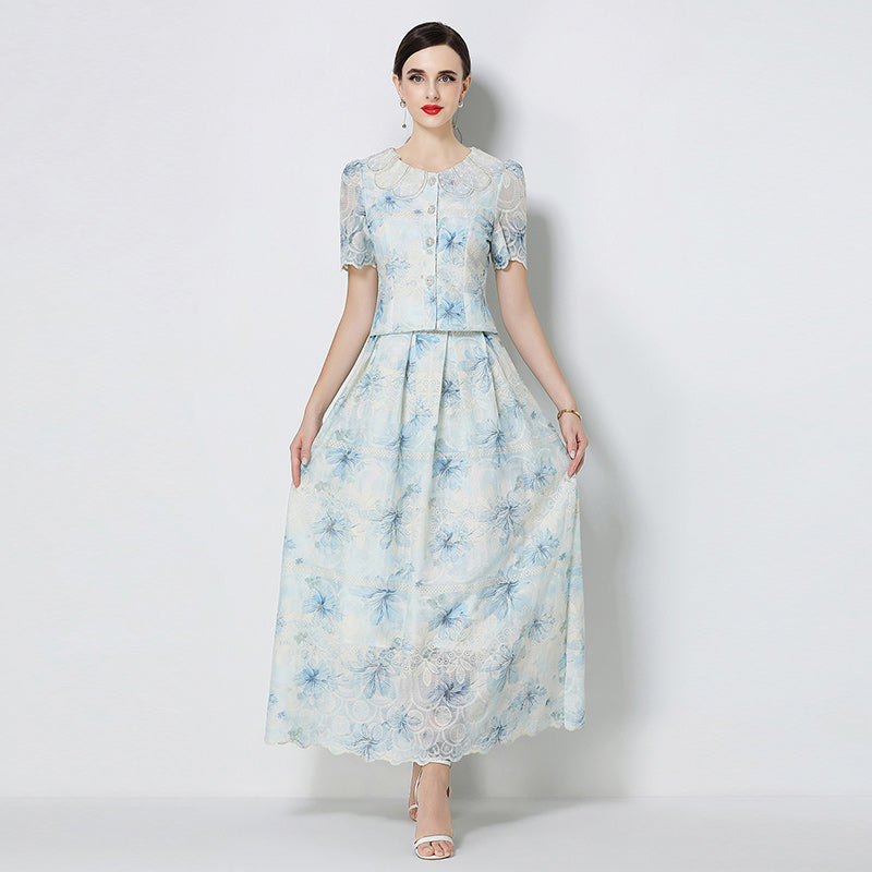 CM-SY071586 Women Elegant European Style Petal Collar Short Sleeve Embroidery Blouse With Skirt - Set