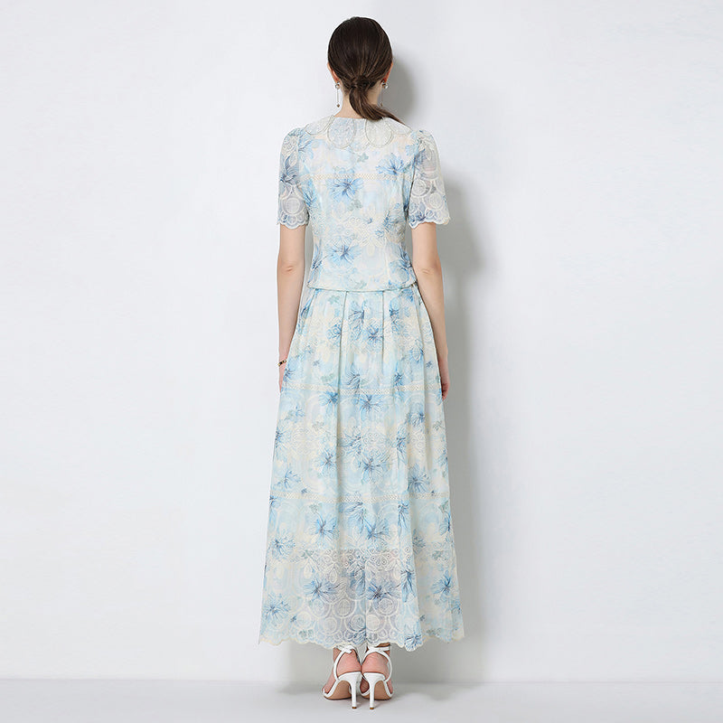 CM-SY071586 Women Elegant European Style Petal Collar Short Sleeve Embroidery Blouse With Skirt - Set
