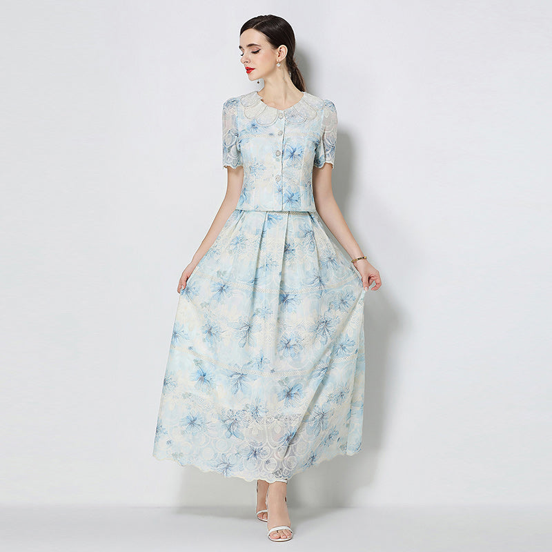 CM-SY071586 Women Elegant European Style Petal Collar Short Sleeve Embroidery Blouse With Skirt - Set