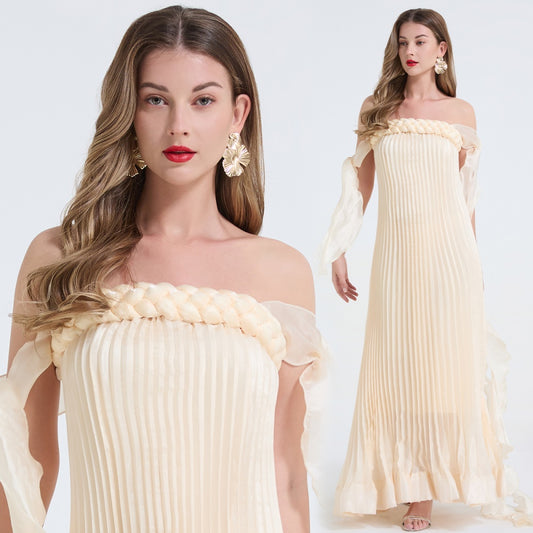 CM-DY071620 Women Elegant European Style Off The Shoulder Medium Waist Long Dress - Beige