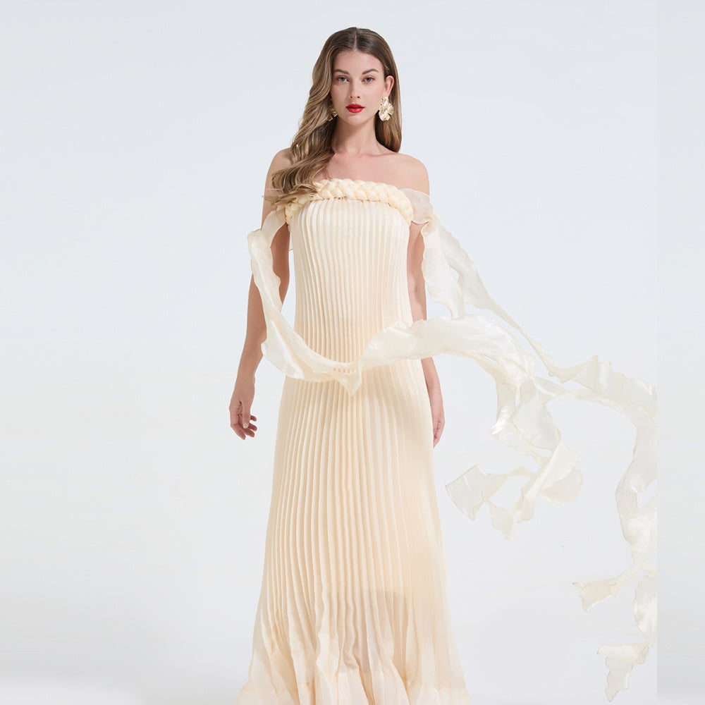 CM-DY071620 Women Elegant European Style Off The Shoulder Medium Waist Long Dress - Beige
