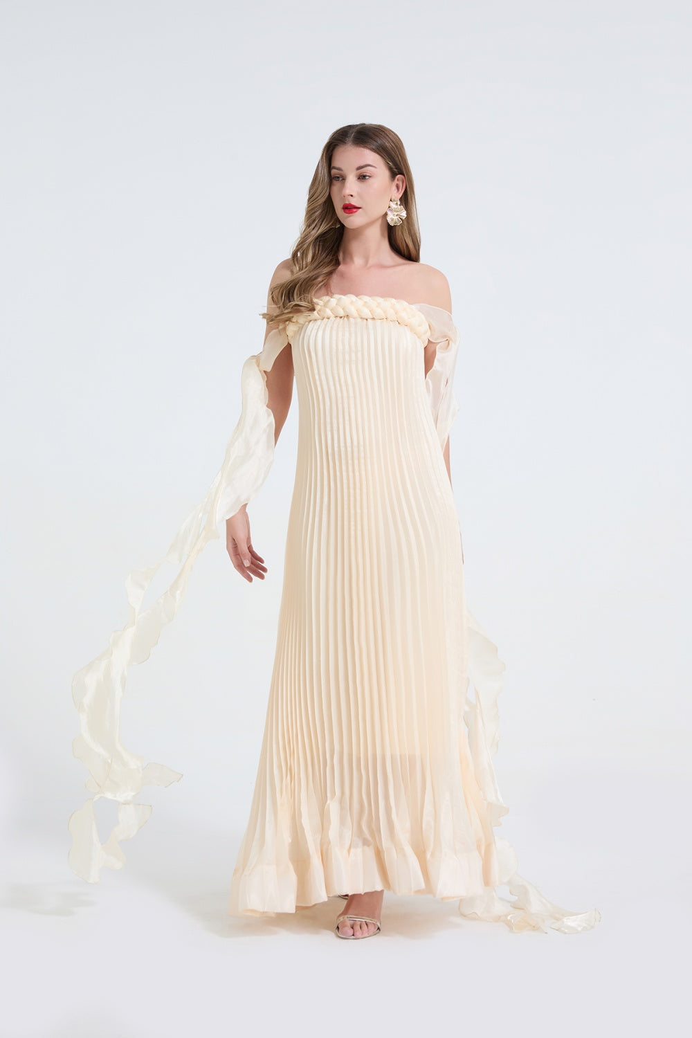 CM-DY071620 Women Elegant European Style Off The Shoulder Medium Waist Long Dress - Beige