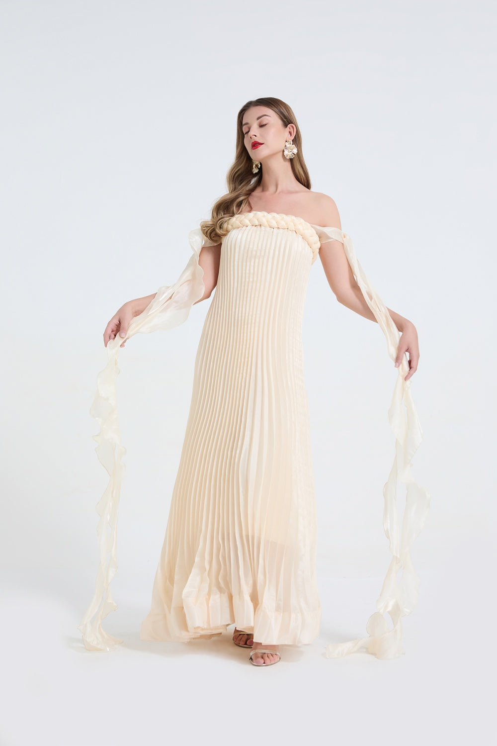 CM-DY071620 Women Elegant European Style Off The Shoulder Medium Waist Long Dress - Beige