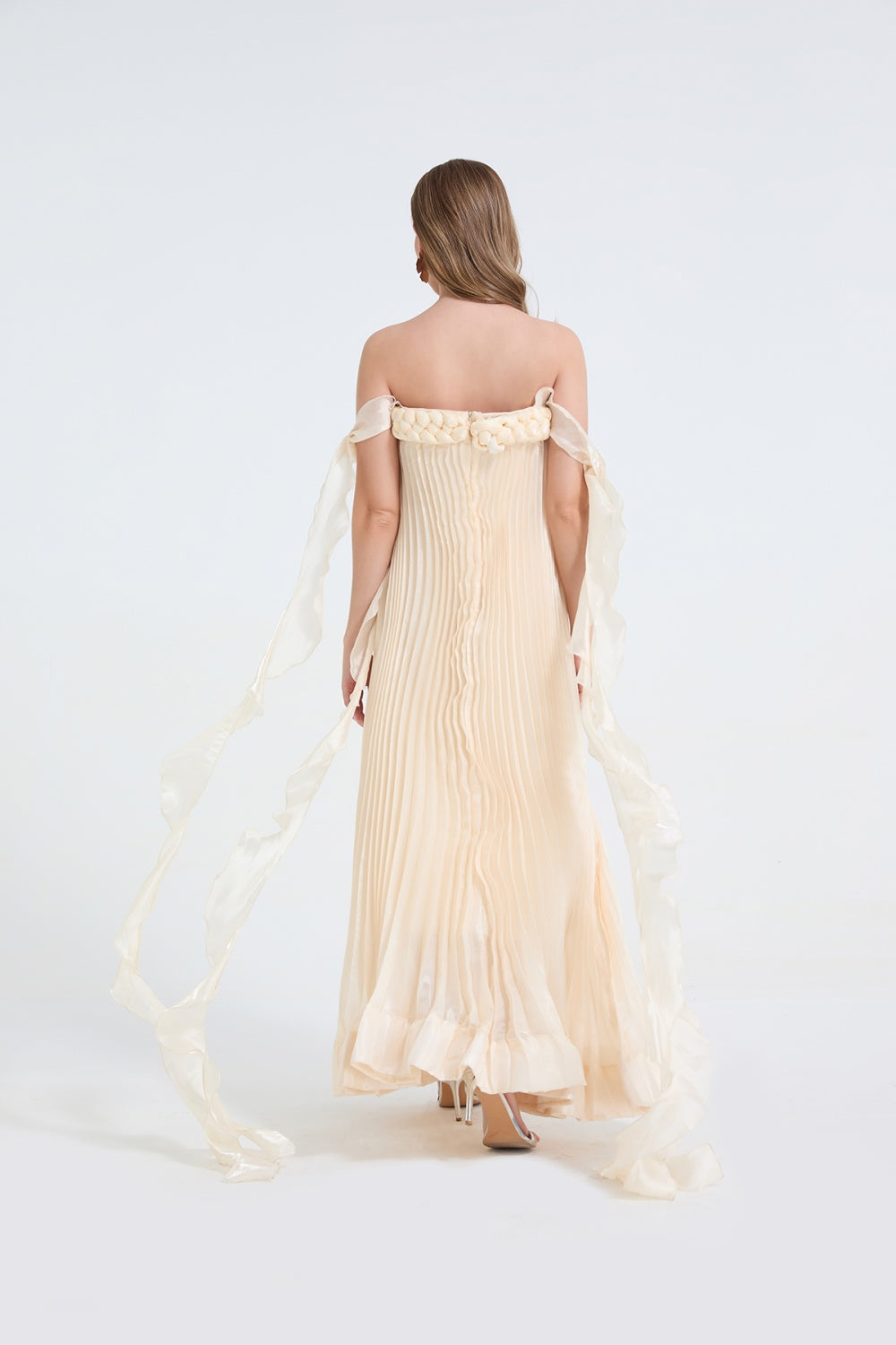 CM-DY071620 Women Elegant European Style Off The Shoulder Medium Waist Long Dress - Beige