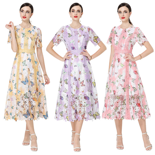 CM-DY071791 Women Elegant European Style Hollow Out Lace Round Neck Short Sleeve Midi Dress (Available in 3 colors)