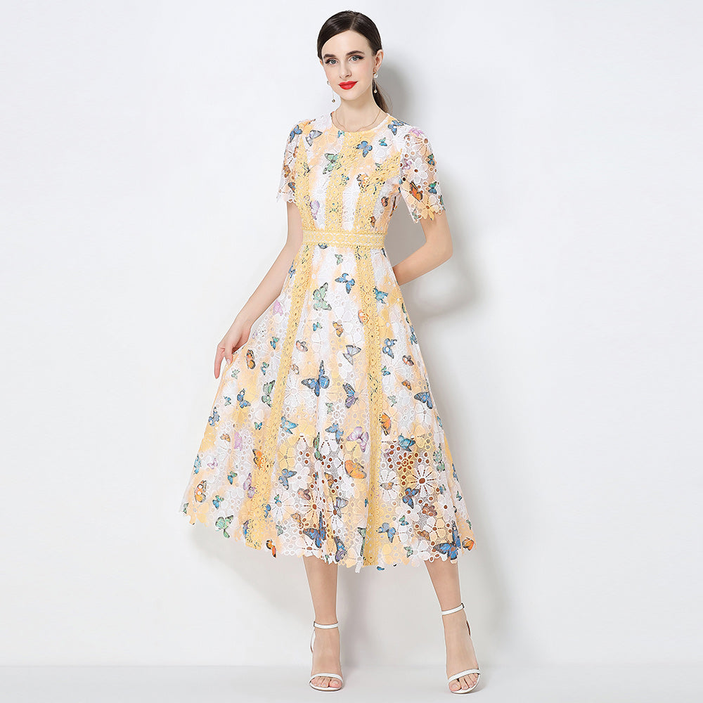 CM-DY071791 Women Elegant European Style Hollow Out Lace Round Neck Short Sleeve Midi Dress (Available in 3 colors)