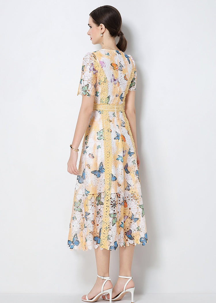 CM-DY071791 Women Elegant European Style Hollow Out Lace Round Neck Short Sleeve Midi Dress (Available in 3 colors)