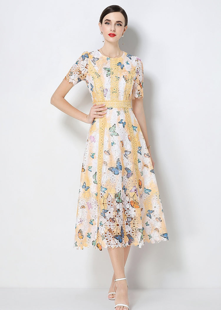 CM-DY071791 Women Elegant European Style Hollow Out Lace Round Neck Short Sleeve Midi Dress (Available in 3 colors)