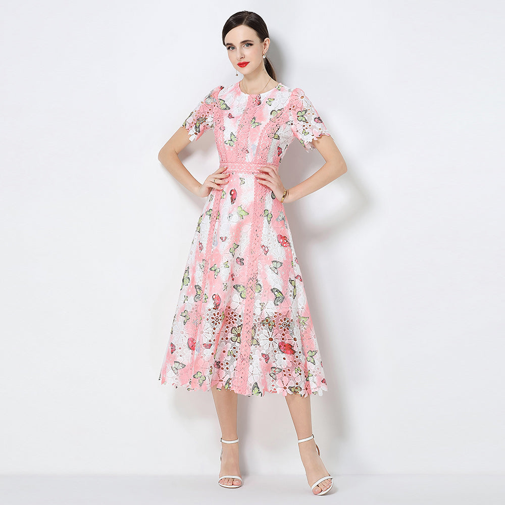 CM-DY071791 Women Elegant European Style Hollow Out Lace Round Neck Short Sleeve Midi Dress (Available in 3 colors)