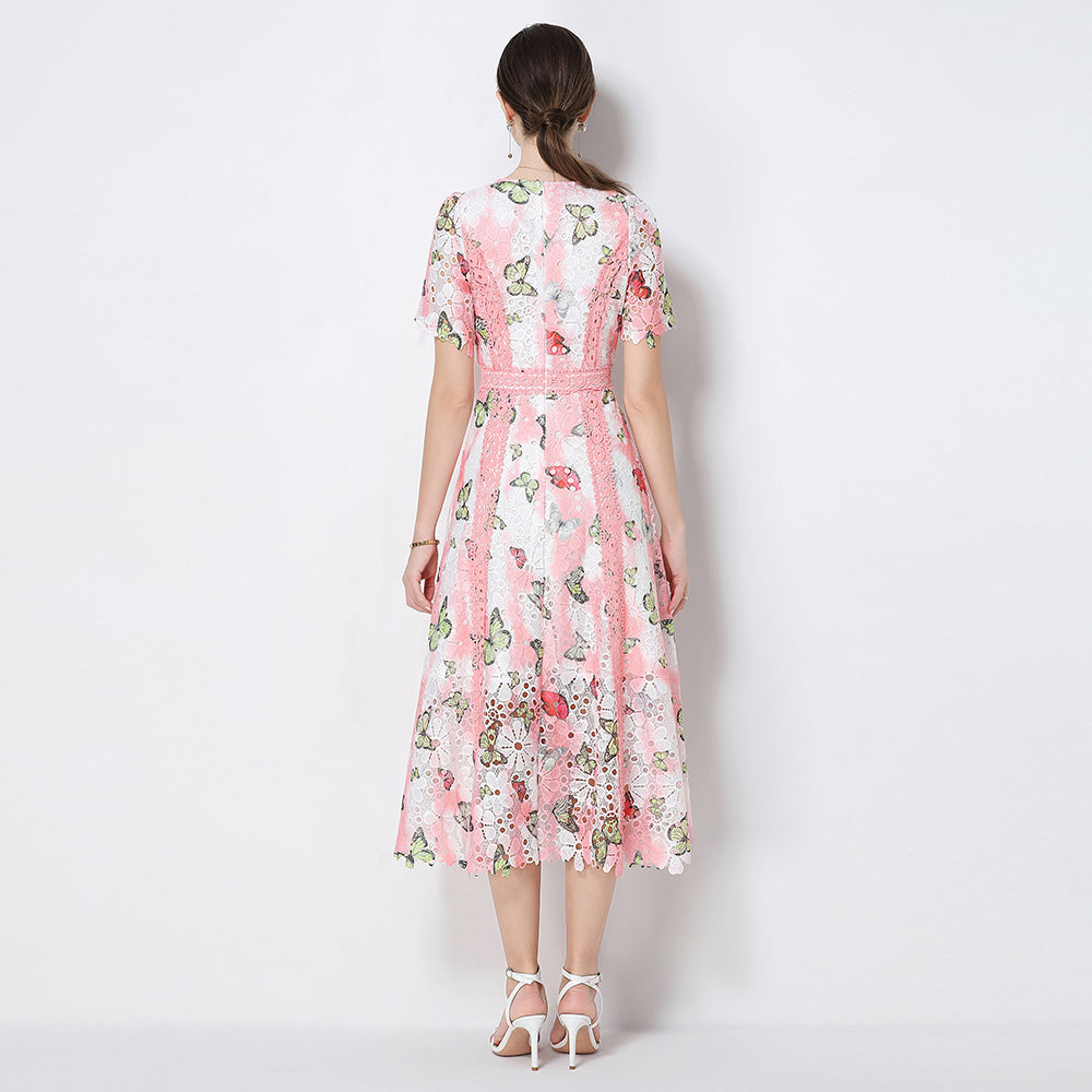 CM-DY071791 Women Elegant European Style Hollow Out Lace Round Neck Short Sleeve Midi Dress (Available in 3 colors)