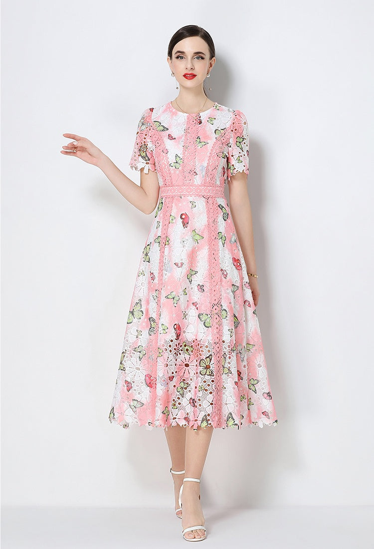 CM-DY071791 Women Elegant European Style Hollow Out Lace Round Neck Short Sleeve Midi Dress (Available in 3 colors)