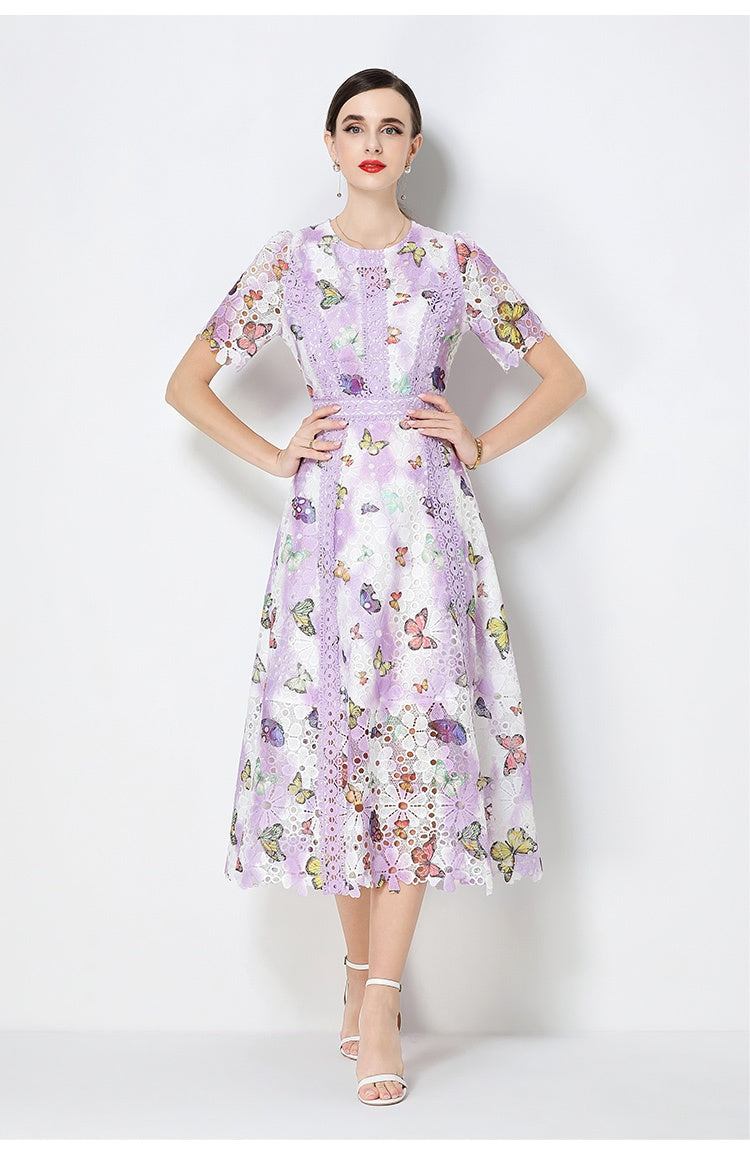 CM-DY071791 Women Elegant European Style Hollow Out Lace Round Neck Short Sleeve Midi Dress (Available in 3 colors)