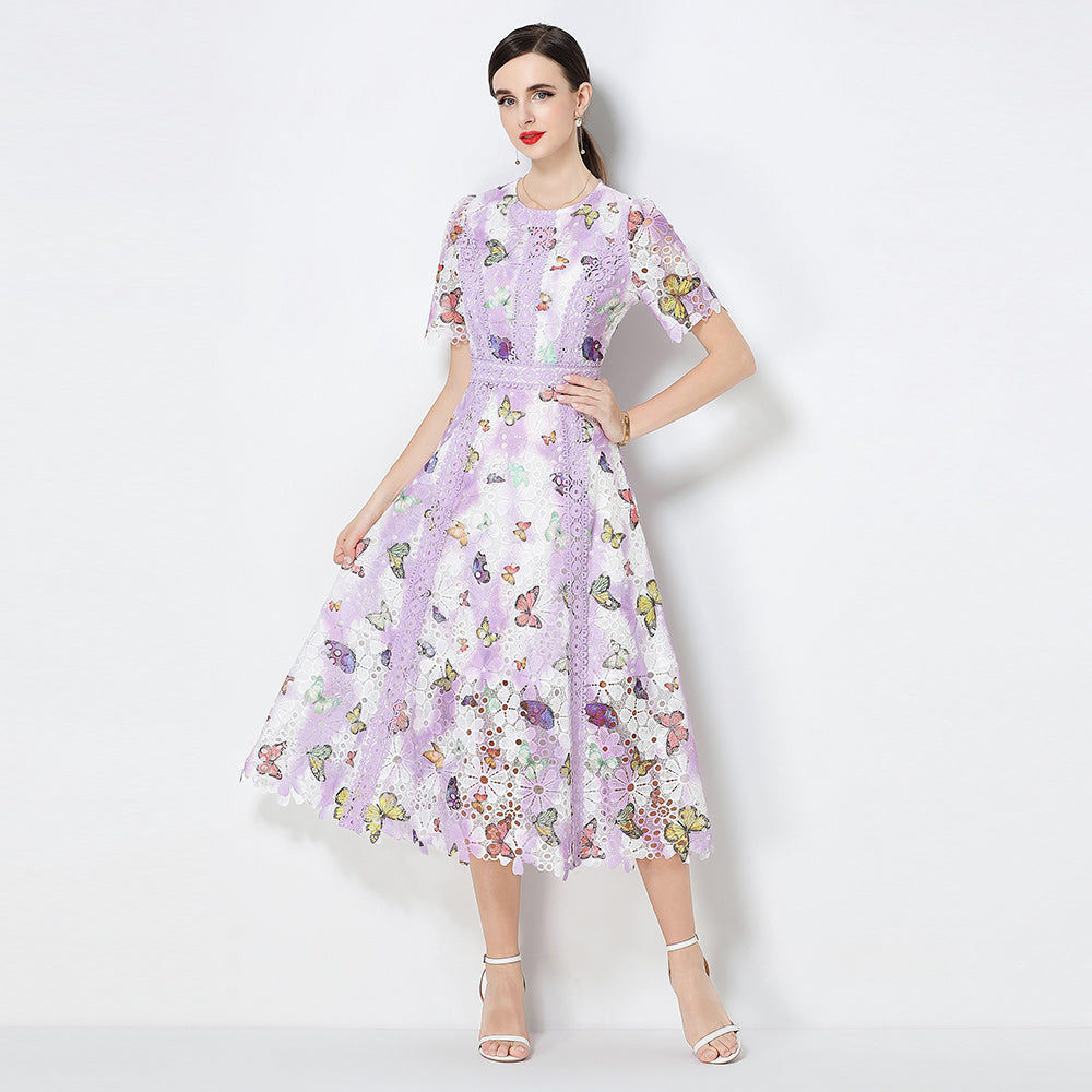 CM-DY071791 Women Elegant European Style Hollow Out Lace Round Neck Short Sleeve Midi Dress (Available in 3 colors)