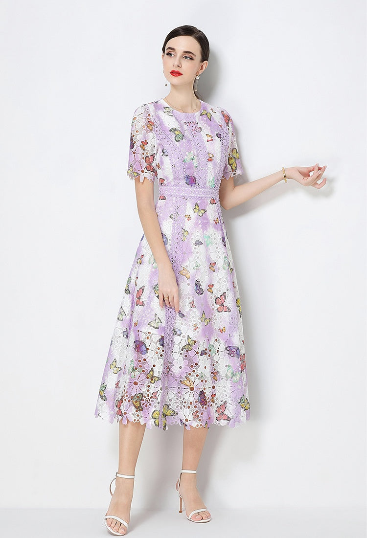 CM-DY071791 Women Elegant European Style Hollow Out Lace Round Neck Short Sleeve Midi Dress (Available in 3 colors)