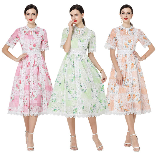 CM-DY071792 Women Elegant European Style Embroidery Round Neck Short Sleeve A-Line Midi Dress (Available in 3 colors)