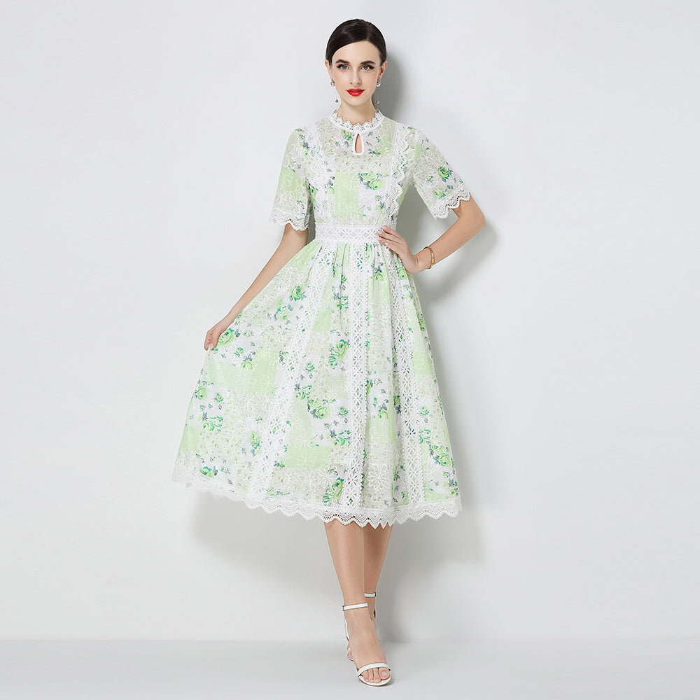 CM-DY071792 Women Elegant European Style Embroidery Round Neck Short Sleeve A-Line Midi Dress (Available in 3 colors)